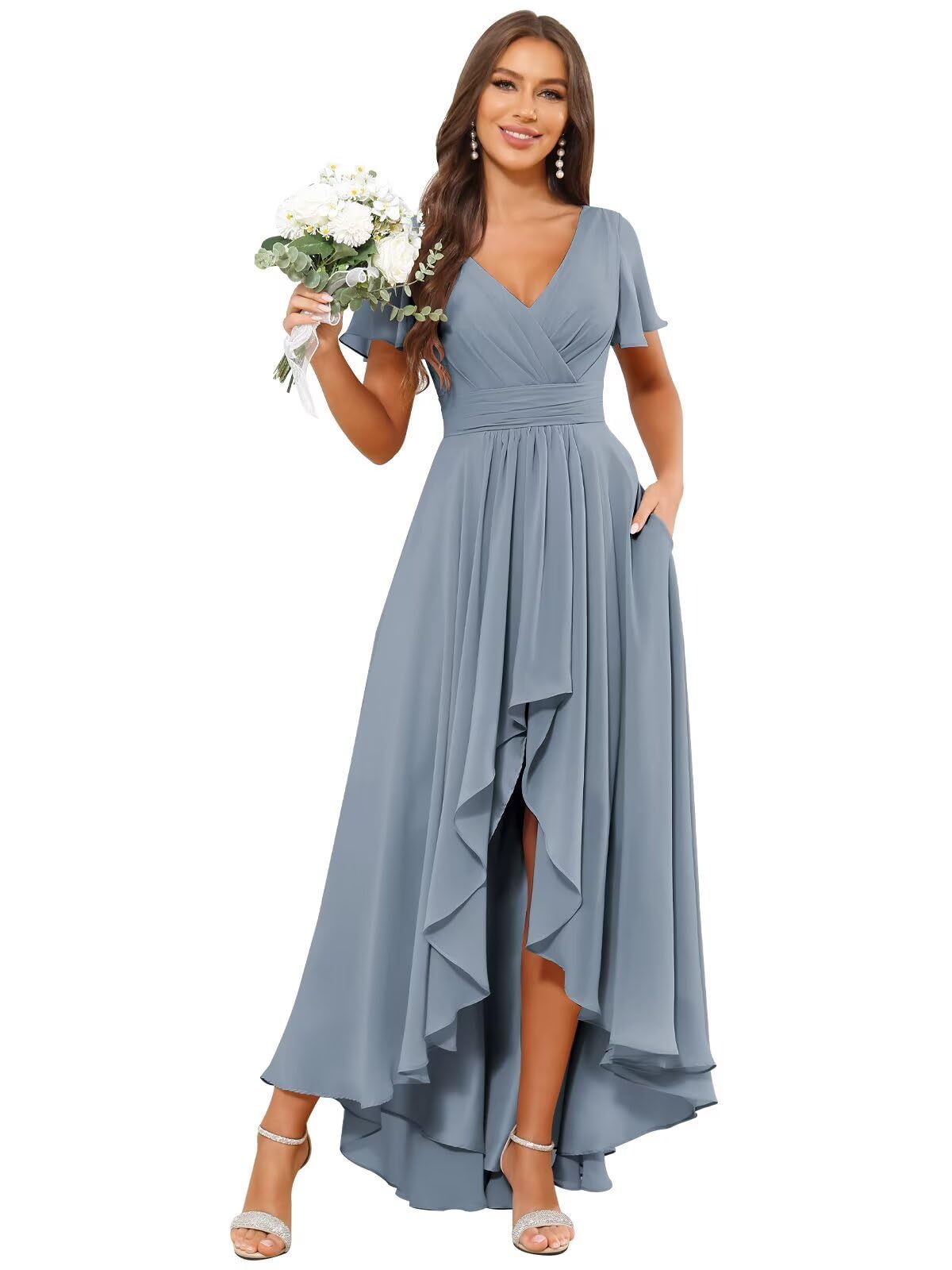 Photo 1 of ***NEED TO BE WASHED***Homiily Short Sleeve Dusty Blue Formal Bridesmaid Dresses for Women Chiffon Ruffled High Low Wedding Guest Dress with Pockets Size 14