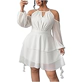 WDIRARA Women's Plus Size Cold Shoulder Layered Ruffle Dress Mesh Long Lantern Sleeve Short Dresses