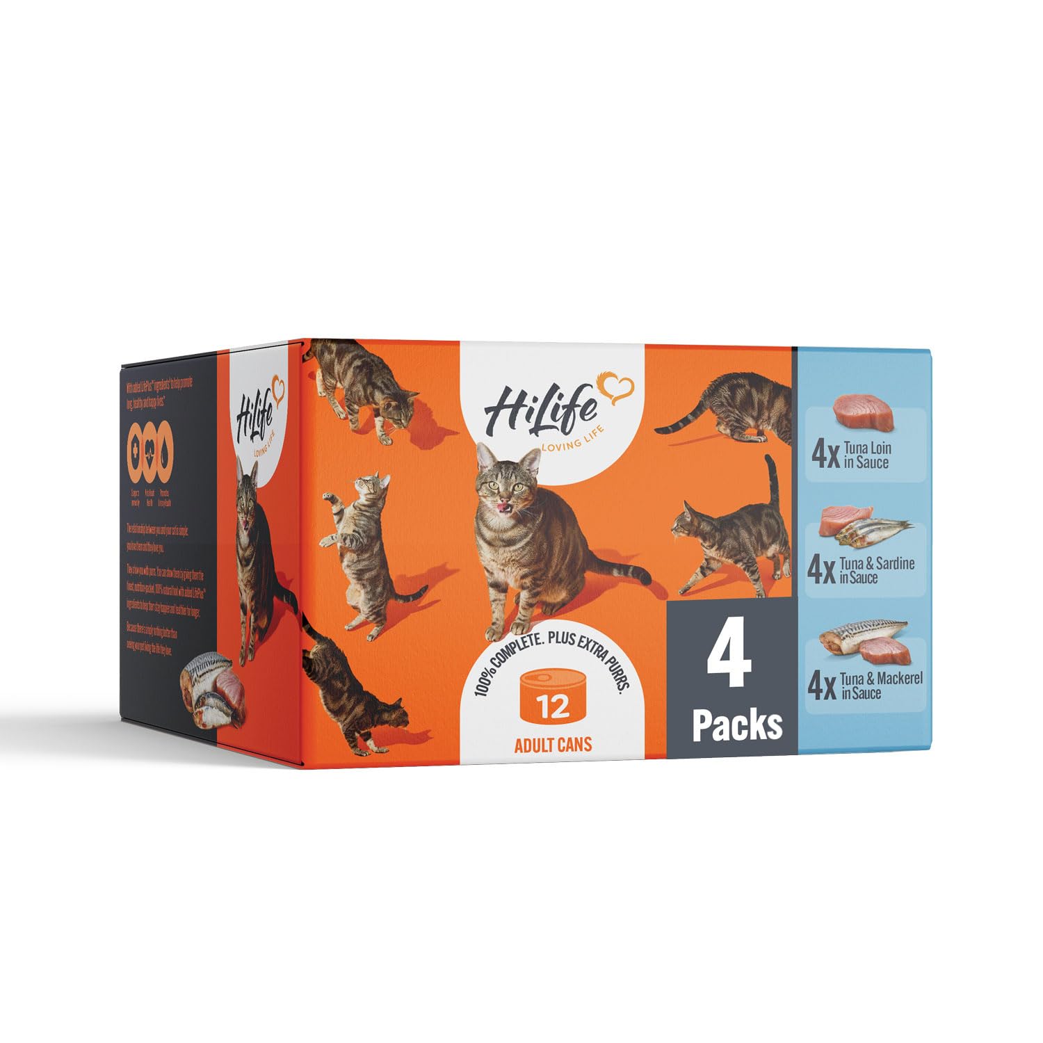 HiLife Adult Wet Cat Food Tins, Mixed Tuna Recipes in Sauce, Complete Tinned Cat Food, 100% Natural & Grain Free, Tuna Loin / with Sardine / with Mackeral, 4x (12 x 70g) / 48 cans