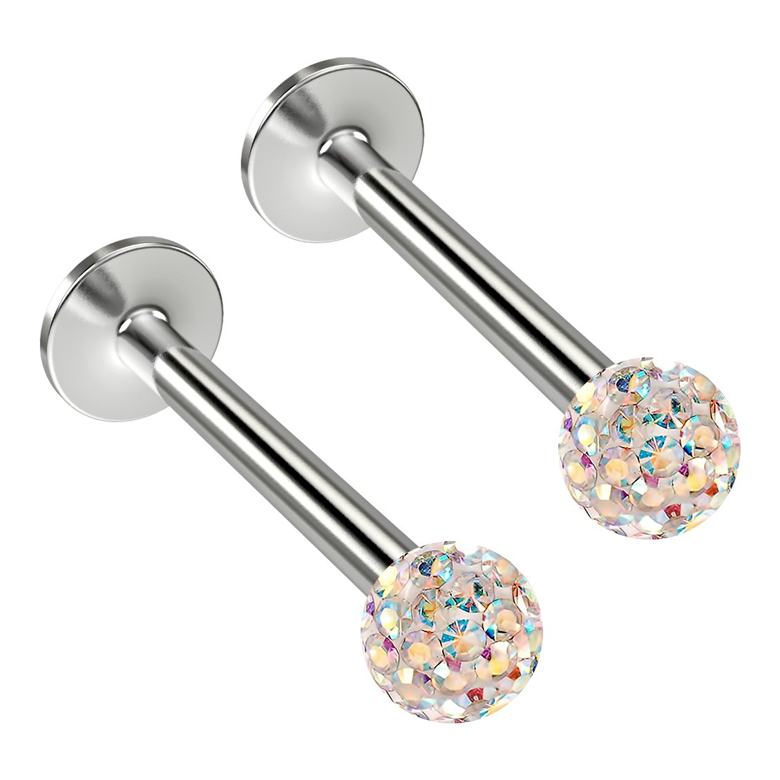 2pc 16g 1.2mm Aurora Borealis Labret Bar Lip Stud Cystal Sparkly Glitter Surgical Steel Monroe Rings 10mm