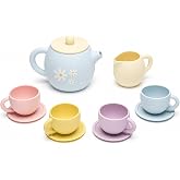 LITTLE RAWR Silicone Tea Set for Toddlers, 11 Piece Pretend Play Set | Food grade silicone material, soft toddler-friendly design, encourages imagination, role play and early learning skills.