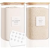 CZZGSM 2 Pack Square Glass Flour and Sugar Containers with 132 Kitchen Pantry Labels - Thicken 149 FL OZ Large Glass Storage Jars with Airtight Bamboo Lid - Big Food Canisters for Rice, Pasta, Cookie