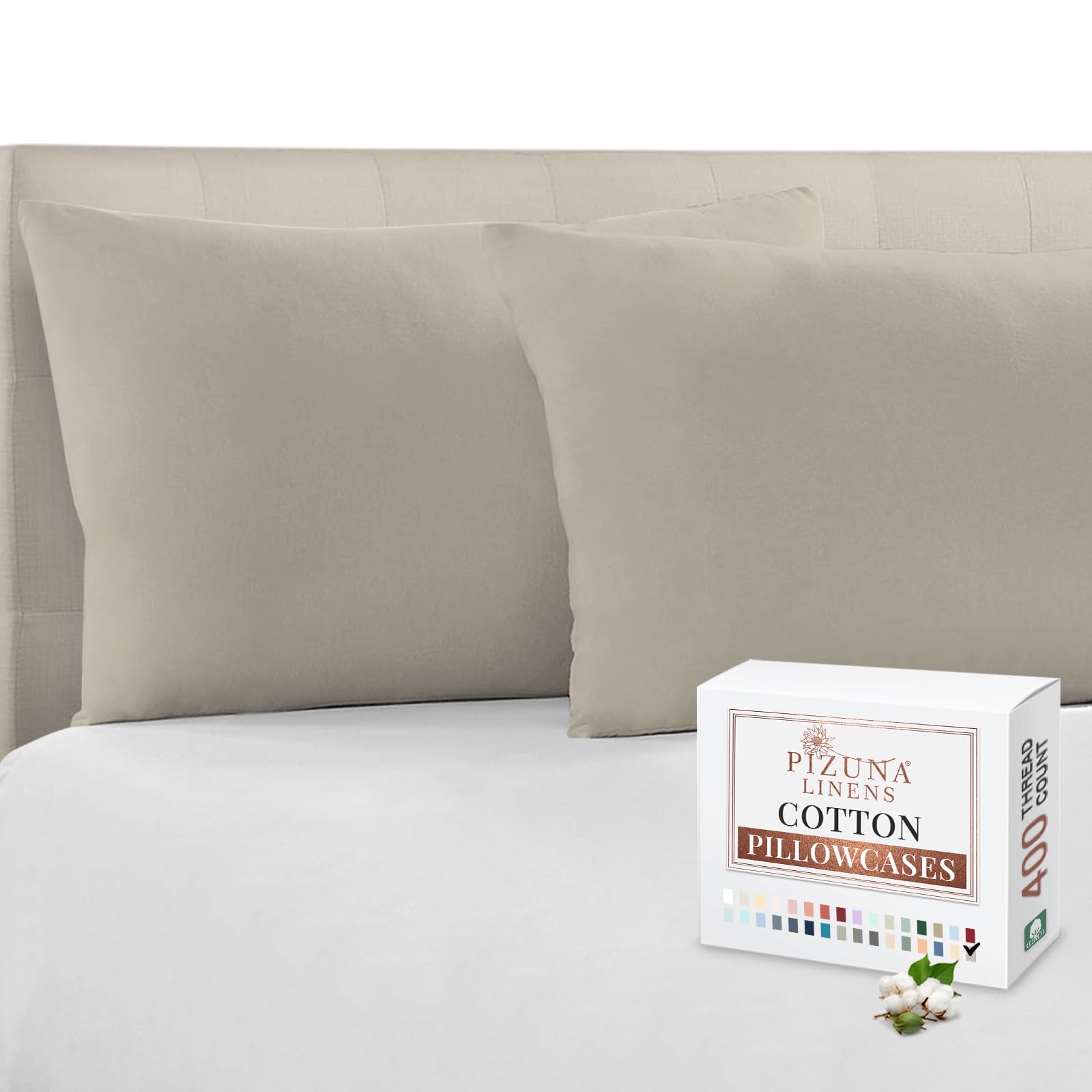 Pizuna 100% Cotton Housewife Pillowcases 2 Pack Simply Taupe 48x74cm, 400 Thread Count Long Staple Combed Cotton Pillow Cover, Sateen Weave Standard Housewife Pillowcase (Cotton Pillowcase Pack of 2)