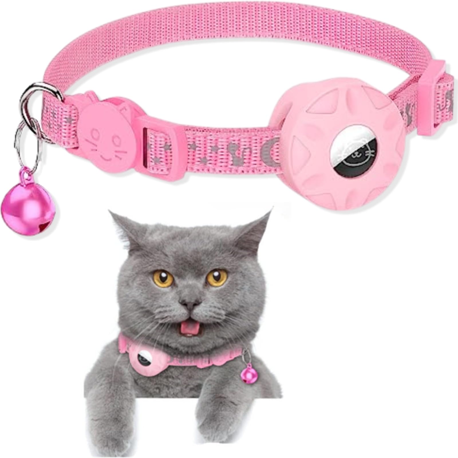 SUBORAWOS Airtag Cat Collar, Reflective with Holder and Bell, Lightweight Tracker, Breakaway Safety Buckle for Cat Dog Kitten Puppy (Pink) — image 1