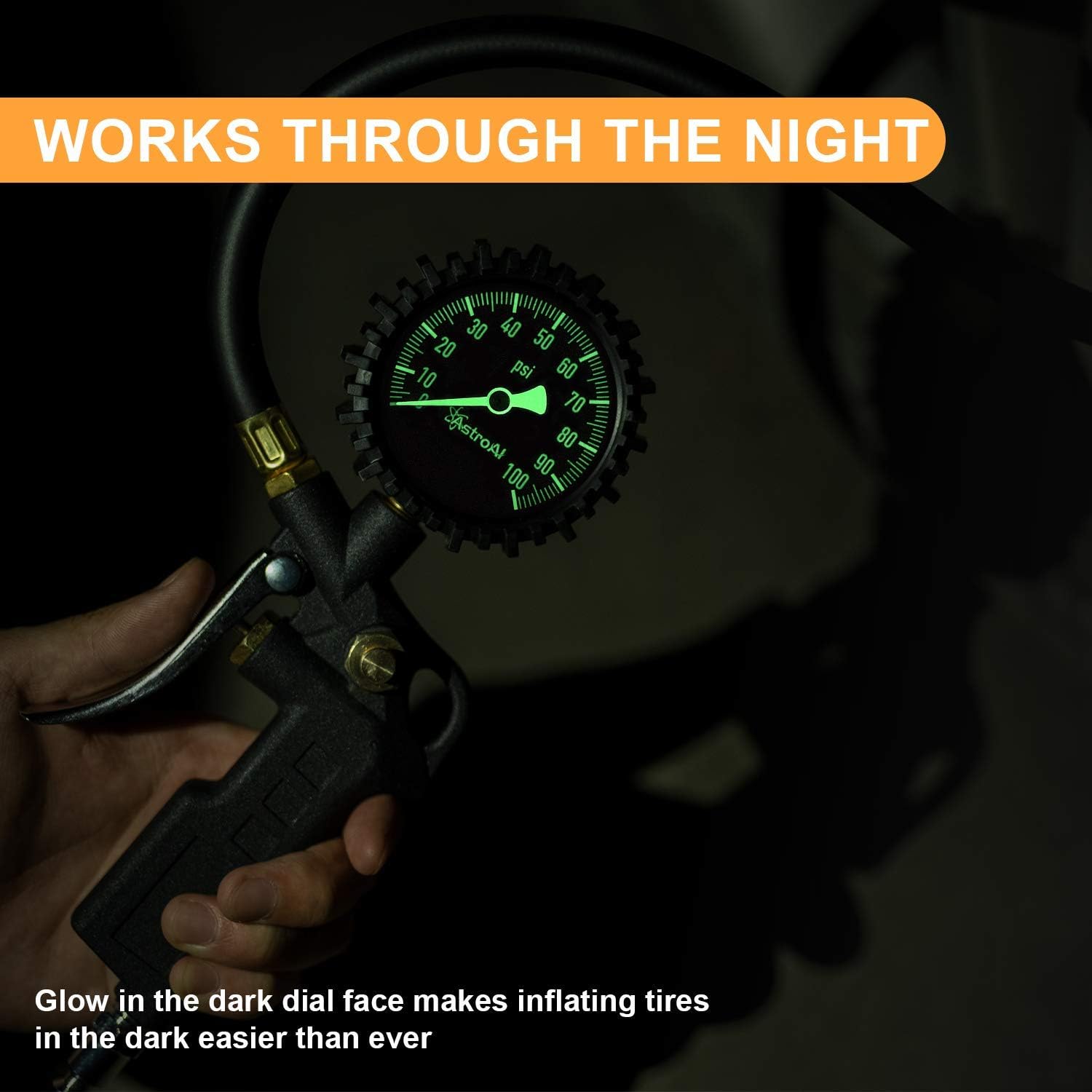 AstroAI Tire Inflator with Pressure Gauge, 100 PSI Air Chuck and Compressor Accessories Heavy Duty with Large 2.5" Easy Read Glow Dial, Durable Rubber Hose and Quick Connect Coupler: Automotive