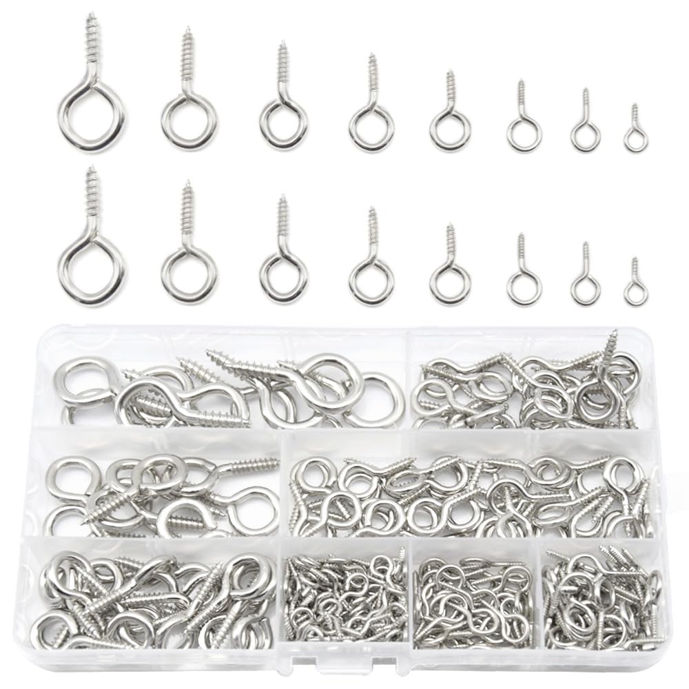 CEEYSEE 280 Pcs Eye Screws Set 8 Size Metal Ceiling Hooks Screw Self Tapping Ring Bolts for Hanging Small Items (YJYZ)