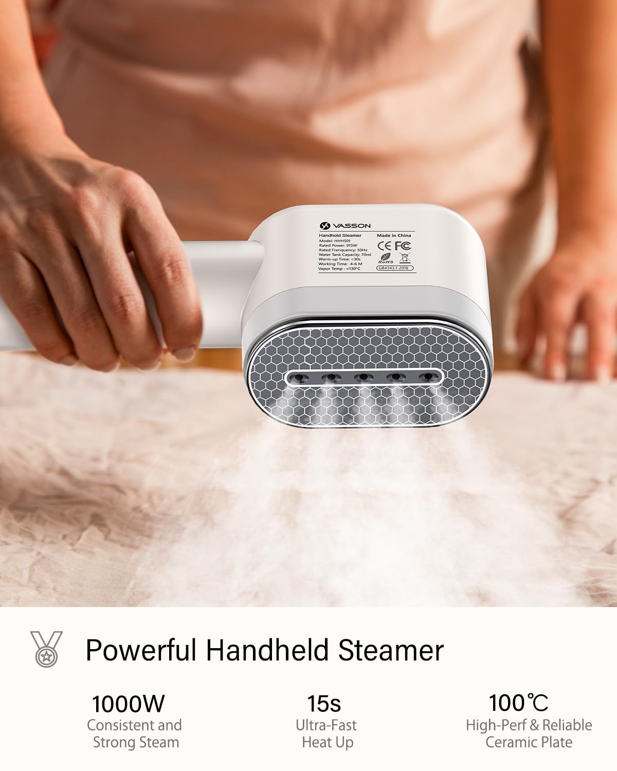 VASSON Steamer for Clothes, Handheld Clothes Steamer, 1000W Portable Fabric Steamer, 15-Second Ultra-Fast Heat Up, Ceramic Heating Steam, for Home Use and Travel