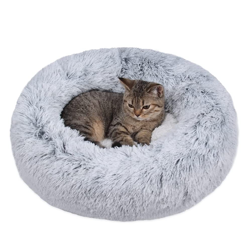 Eidoct Plush Donut Cat Bed, Round Soft Fluffy Plush Pet Bed with Non-Slip Bottom Kitten Dog Nest Washable Cat Sleeping Bed,Pet Beds For Cats kittens Sleeping (light gray)