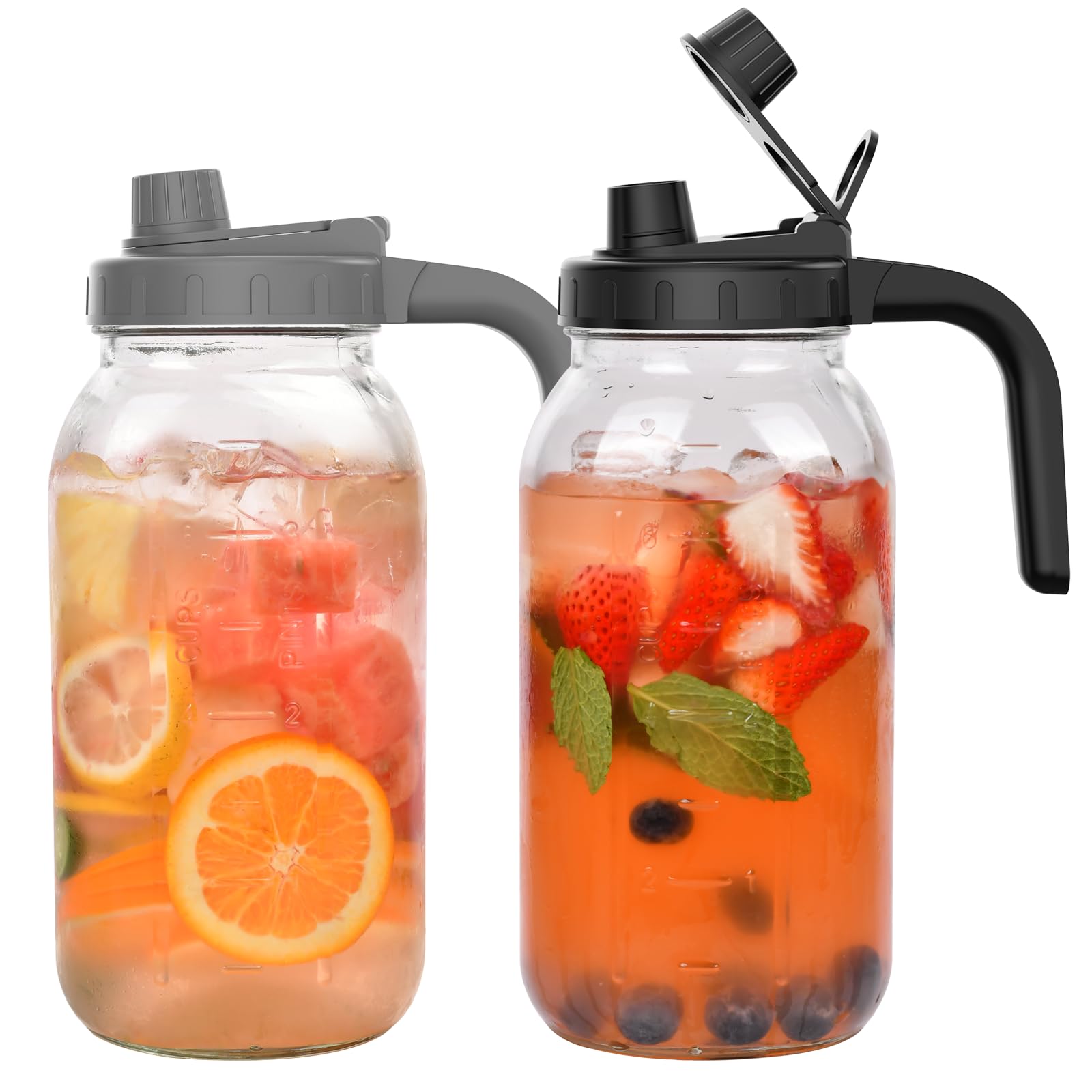 View 1 of 2-Pack 64oz Glass Mason Jar Pitchers with Wide Mouth & Measurement Marks – Leak-Proof Twist Lids for Cold Brew, Iced Tea, Juice, Lemonade