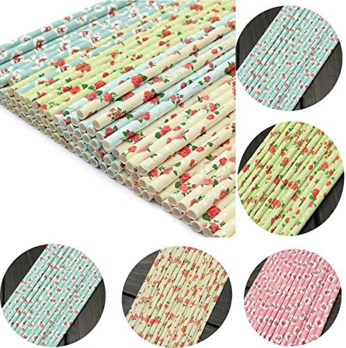 Koolemon 5 Pack(125PCS) Vintage Drinking Paper Straws for Birthday Parties, Weddings, Christmas Decorations, Valentines Tableware (Flower Floral Pattern)