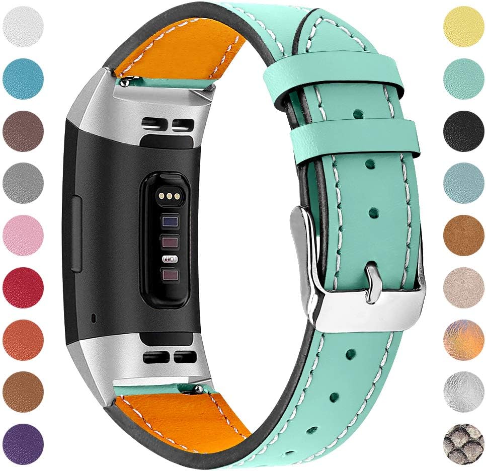 ametonuk Strap Compatible Fitbit Charge 3 Strap/Charge 3 SE Wristband Metal Connectors Leather Strap, Adjustable Replacement Wristband Fitness Accessories Strap