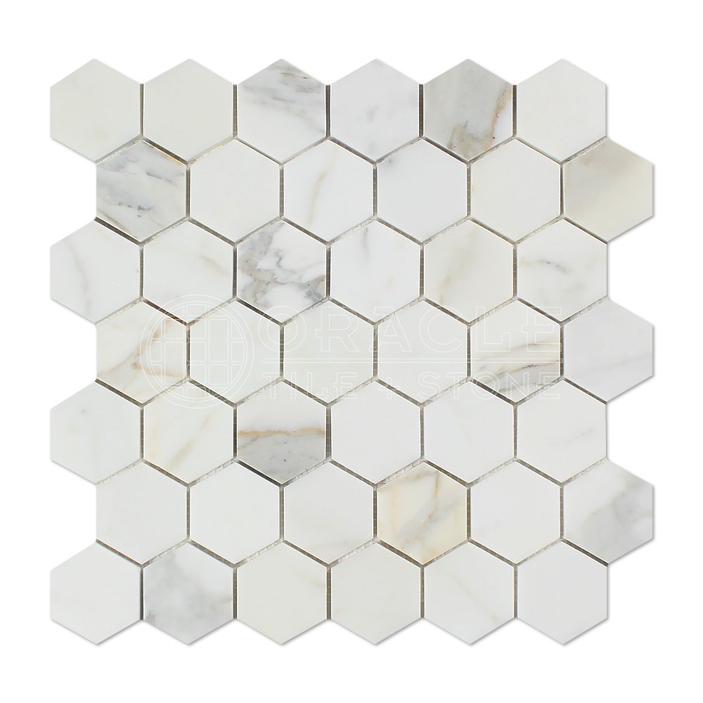 Honed Calacatta Gold Hex Mosaic Marble Tile in 2" x 2" size