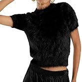 Karwuiio Women Soft Fuzzy Sweater Short Sleeve Furry Cropped Sweater Soft Shaggy Knit Pullover Jumper