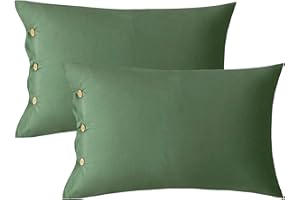 JELLYMONI Pillowcases Standard Set of 2 Cotton Button Pillow Covers 20×26in Green Bed Pillow Cases 100% Washed Cotton Soft Br