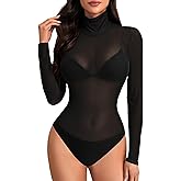 LYANER Women's Mesh Long Sleeve Bodysuit Turtle Mock Neck Sheer Leotards Top Clubwear