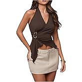 Verdusa Women's Going Out Tops Y2k Buckle Halter Top Ruched Asymmetrical Sleeveless Tops