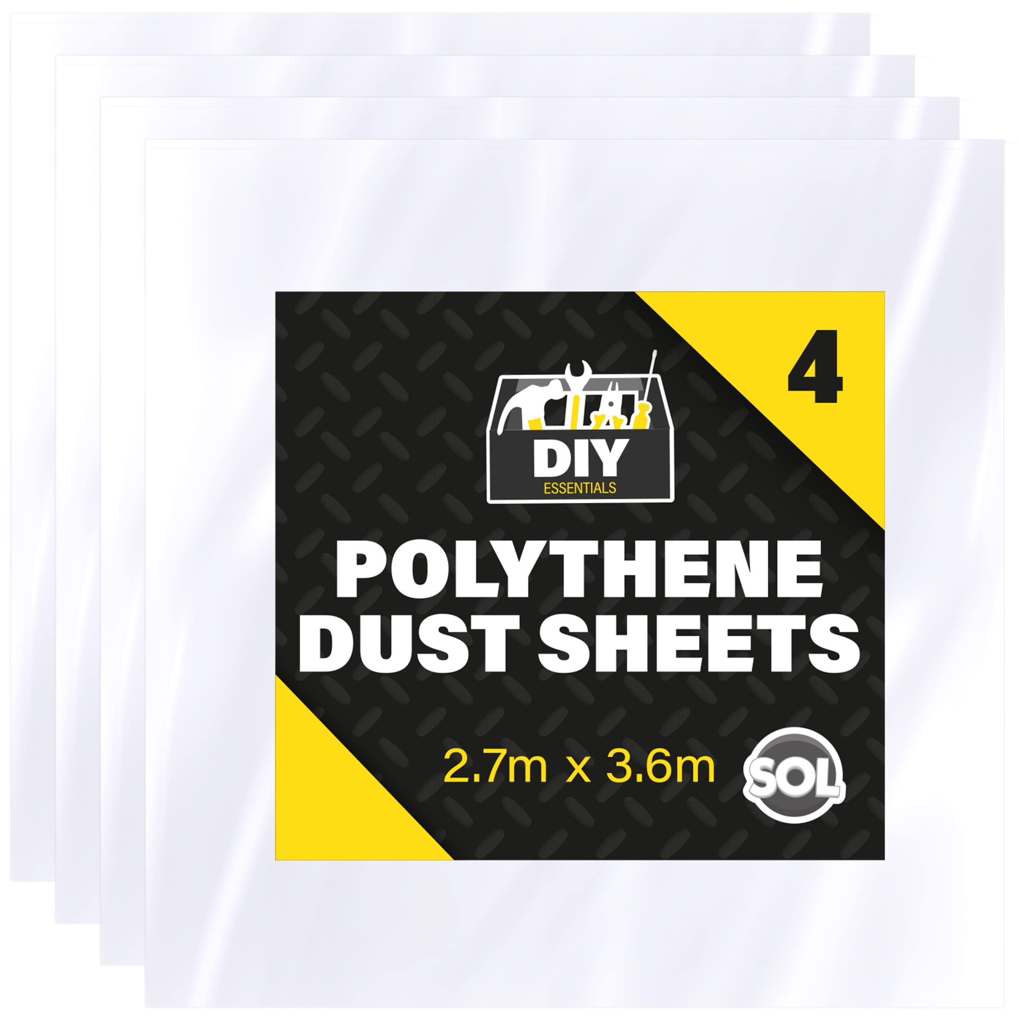SOL 4pk Polythene Dust Sheets Large 3.6m x 2.7m Plastic Covers for Furniture and Painting Protective Sheeting for Home Renovation Durable Material for Decorating and Indoor Projects
