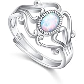 FLYOW Mothers Ring Adjustable White Created Opal Rings for Women Girls 925 Sterling Silver Victorian Style Rope Ring Classical Magic Mirror Rings