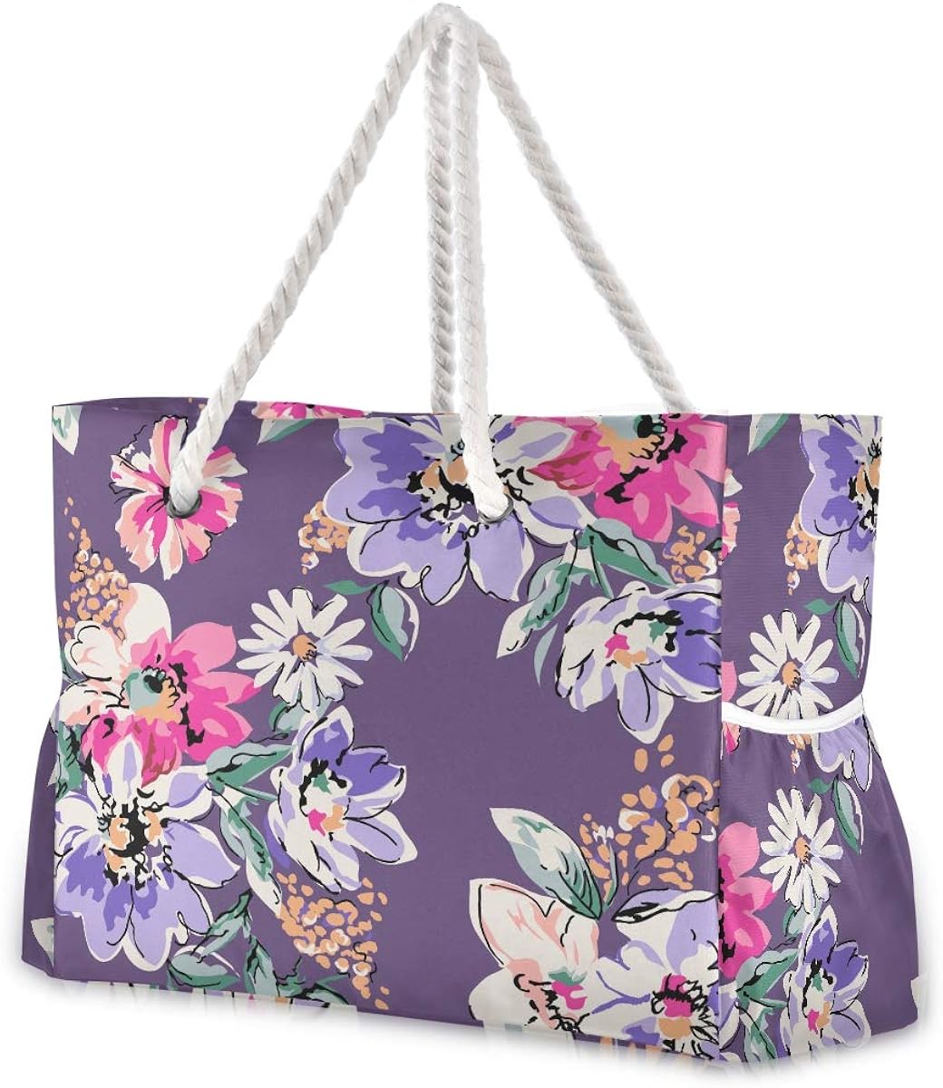 Travel Bags Elegant Purple Color Flower Beach Tote For