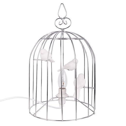 Lampe De Table Bureau Chevet à Poser Design Intéressantcage De Oiseaux Cage En Chrome Avec 3 Oiseau En Céramique Blanc