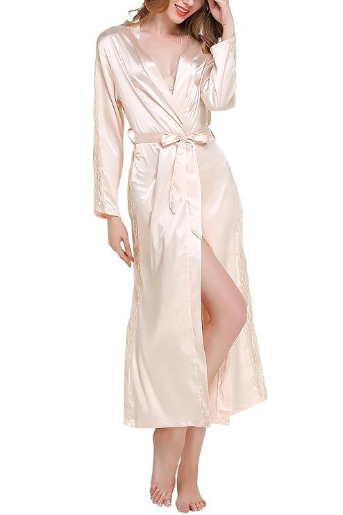 Dolamen Damen Morgenmantel Kimono Lange, Luxuriös Spitze Glatte Satin Nachtwäsche Bademantel Robe Kimono Negligee Seidenrobe 