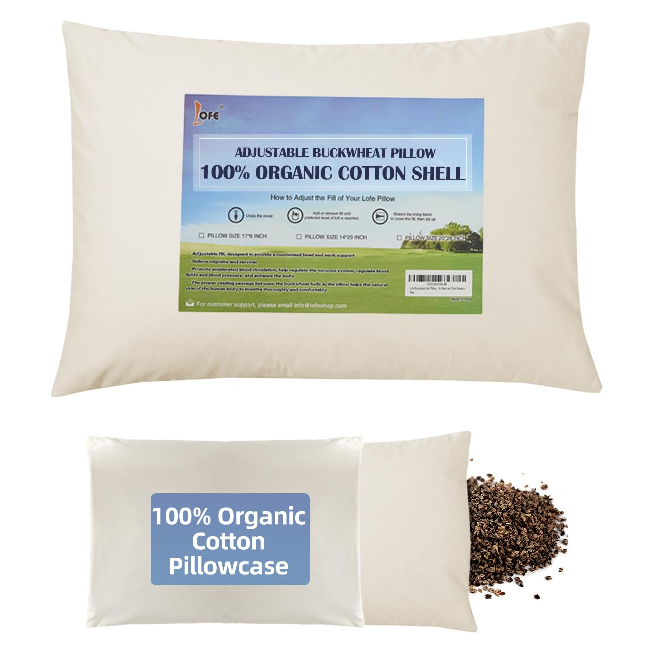 Photo 1 of LOFE Organic Buckwheat Pillow for Sleeping with Organic Cotton Pillowcase - 14''x20'' Adjustable Pillow, Breathable for Cool Sleep, Cervical Support for Back and Side Sleepers(Tartary Buckwheat Hulls)