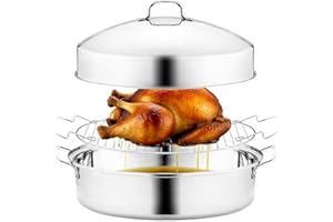 RIDGEPOLE 22” Large Roasting Pan with Rack and Lid, Stainless Steel Oval Roaster Pan, Nonstick Roasting Pan for Oven, Multi-Use Cookware for Turkey, Chicken, Gifts for Mom, Wife.(Sliver)