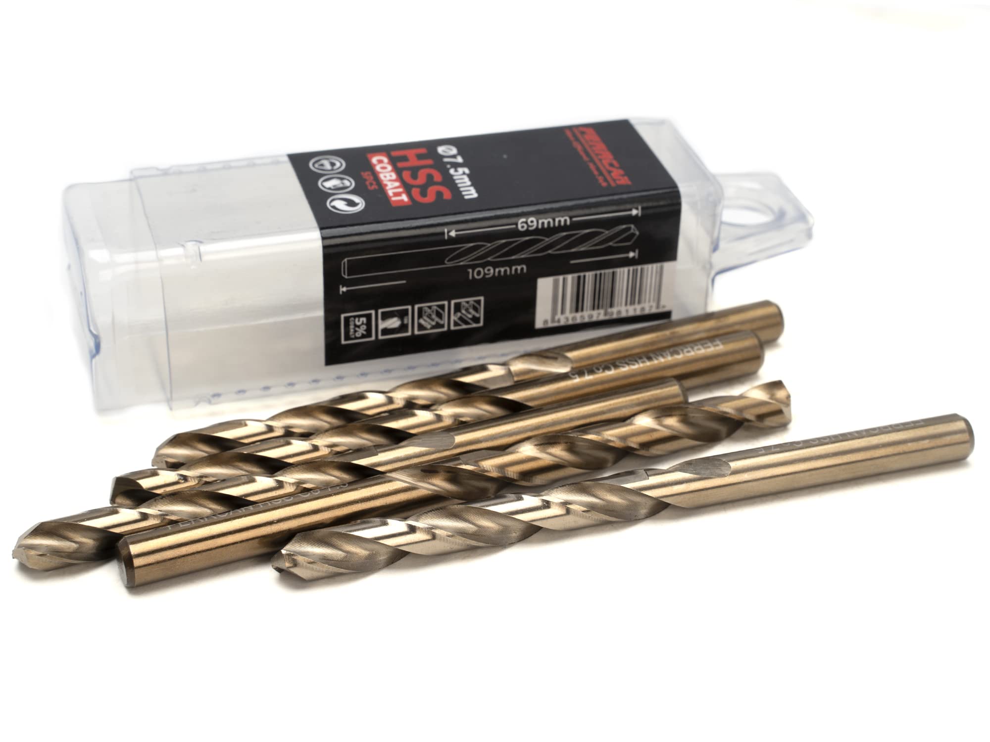 Ferrcan HSS Metal Drill Bits DIN338 M35 Cobalt 7-13mm (Pack of 5) (7.5mm)