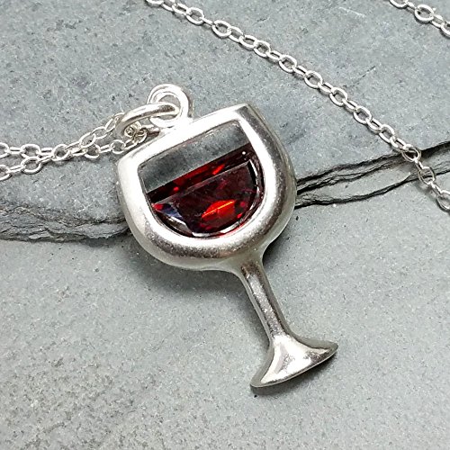 Wine glass necklace - 925 sterling silver - red cz