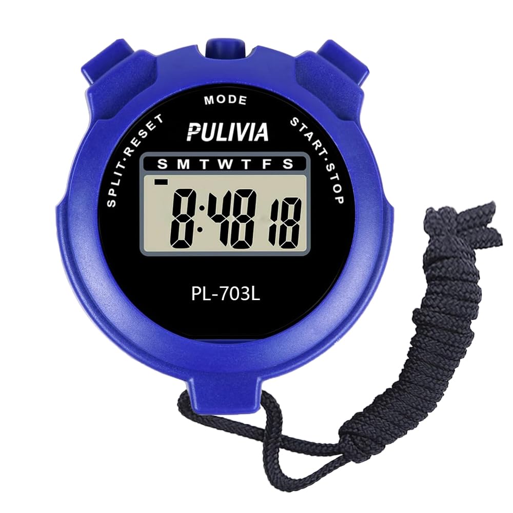 PULIVIA Sports Stopwatch Timer Digital Stopwatch with Clock Calendar Alarm Large Display, Stop watch for Sports Coaches Swimming Running, Blue