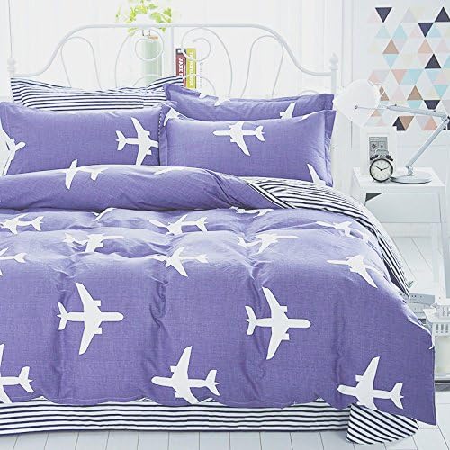 QzzieLife Print Airplane Pattern 100% Cotton Kids Duvet Cover Set 4pc Queen Size