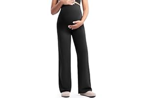 POSHDIVAH Women's Creamluxe Maternity Yoga Wide Leg Pants Petite/Regular/Tall Pregnancy Work Dress Sweatpants with Pockets