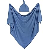 iEvolve Cotton Knitted Baby Swaddle Blanket with Hat Headband Set Newborn Swaddle Wrap Receiving Blankets for Baby Girl Boy 35" x 35"(Sapphire Blue)