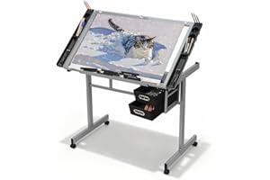 Magshion Drafting Table, Height & Angle Adjustable Glass Tabletop Art Desk for Painters Architects Designers Home Office, Portable Drawing Table with 2 Storage Drawers (Clear)