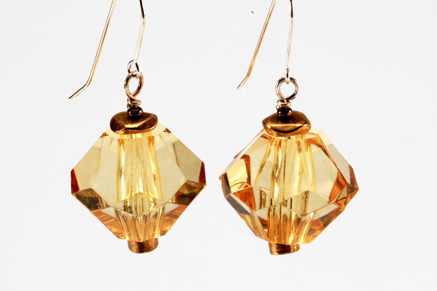 Over Sized Yellow Dangling Earrings with Big Lucite Yellow Bead and Brass and Glass Bead Caps Wired to Sterling Silver Ear Wire