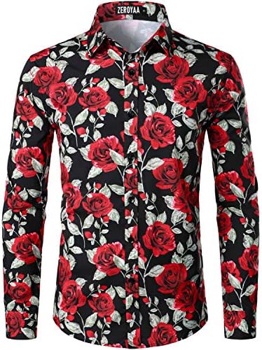 ZEROYAA Men's Rose Floral Printed Slim Fit Dress Shirt - Long Sleeve Button-Up Party Shirt