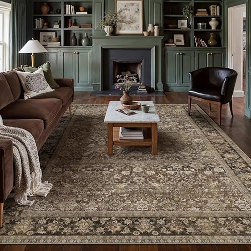 Hugear 8x10 Machine Washable Vintage Area Rug Neutral Brown Distressed Floral Persian Low Pile Rug Non Slip Soft Indoor Large Carpet for Living Room Bedroom Dining Office