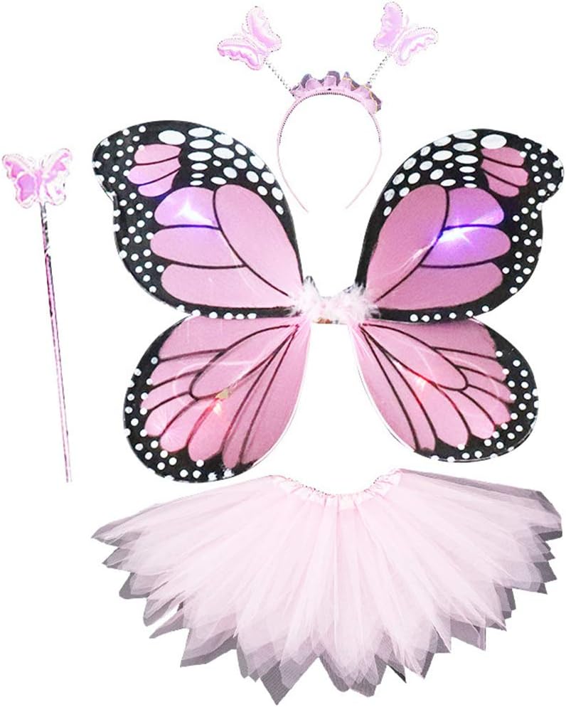 LLLucky Adult Kids 4Pieces Fairy Costume Set LED Simulation Butterfly Wings Pointed Tutu Skirt Headband Wand Princess Girls Party Dress Up Pink