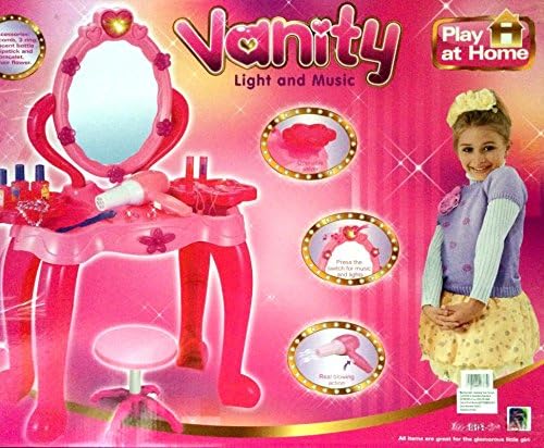 Beauty Dresser Pretend Play Battery Operated Toy Beauty Mirror Vanity Play Set w/ Flashing Lights, Music, Accessories