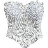 OYOANGLE Women's Textured Pearl Tube Top Strapless Ruffle Trim Asymmetrical Hem Bandeau Crop Tops