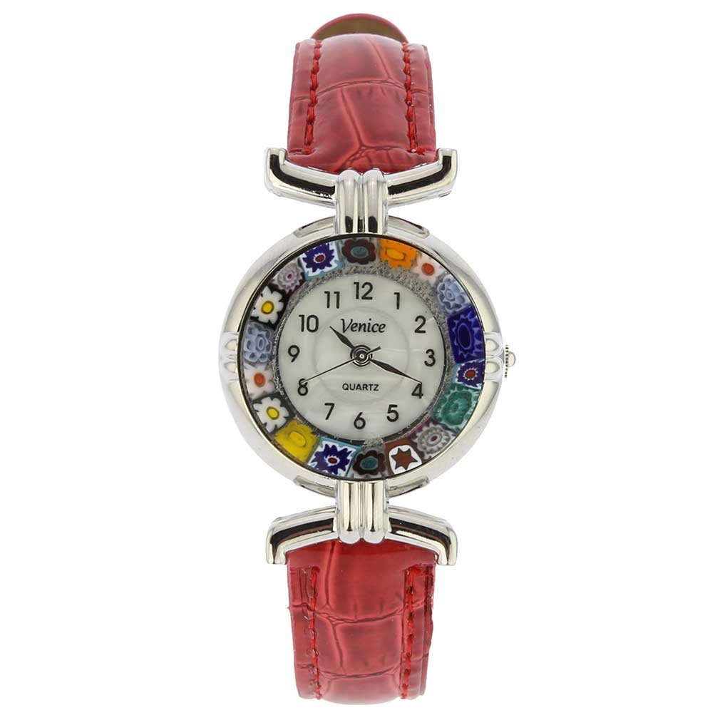 Glass Of Venice Murano Millefiori Watch with Leather Band - Silver Red Multicolor