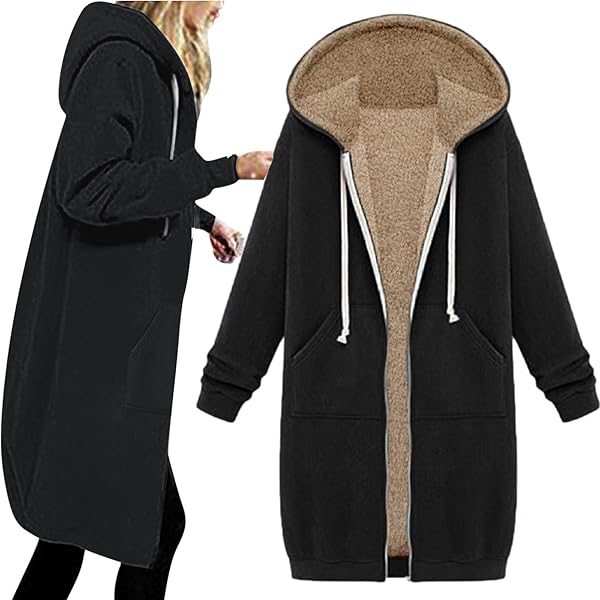 Long Fleece Lined Hooded Jacket for Women, Fuzzy Warm Full
