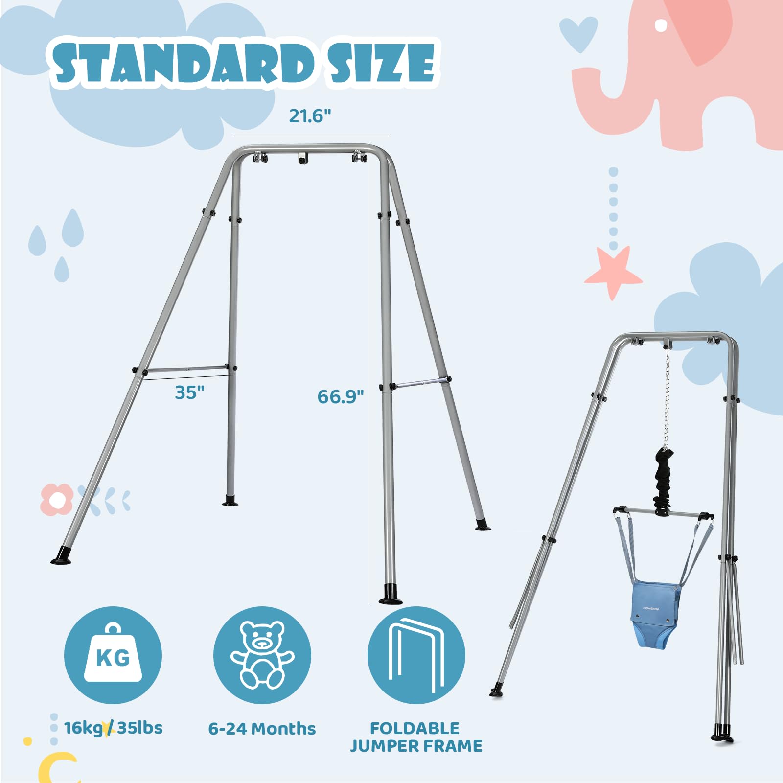 Cowiewie 2 in 1 Baby Jumper, with Strong Support Stand and Baby Walking Harness Function (Blue)