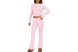 MISSACTIVER Women's Two Piece Outfit Basic Long Sleeve Crop Top and Low Rise Flare Pants Set Lounge 2 Piece Yoga Tracksuit