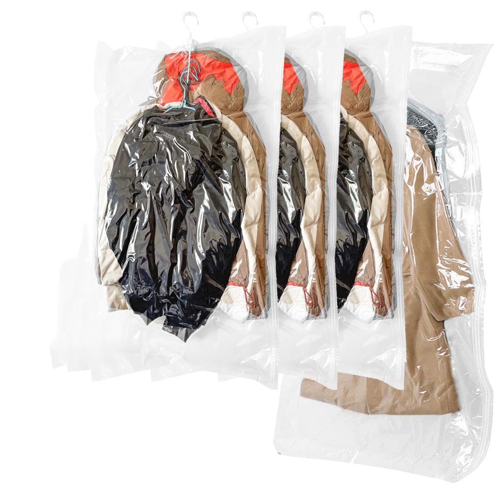 Hanging Vacuum Storage Bags, GQC 4 PCS Space-saving Vacuum Bag for Clothes, Suits, Dresses, Coats or Jackets, Clear & Reusable Closet Organizer (1 Long 145x70cm & 3 Short 105x70cm)
