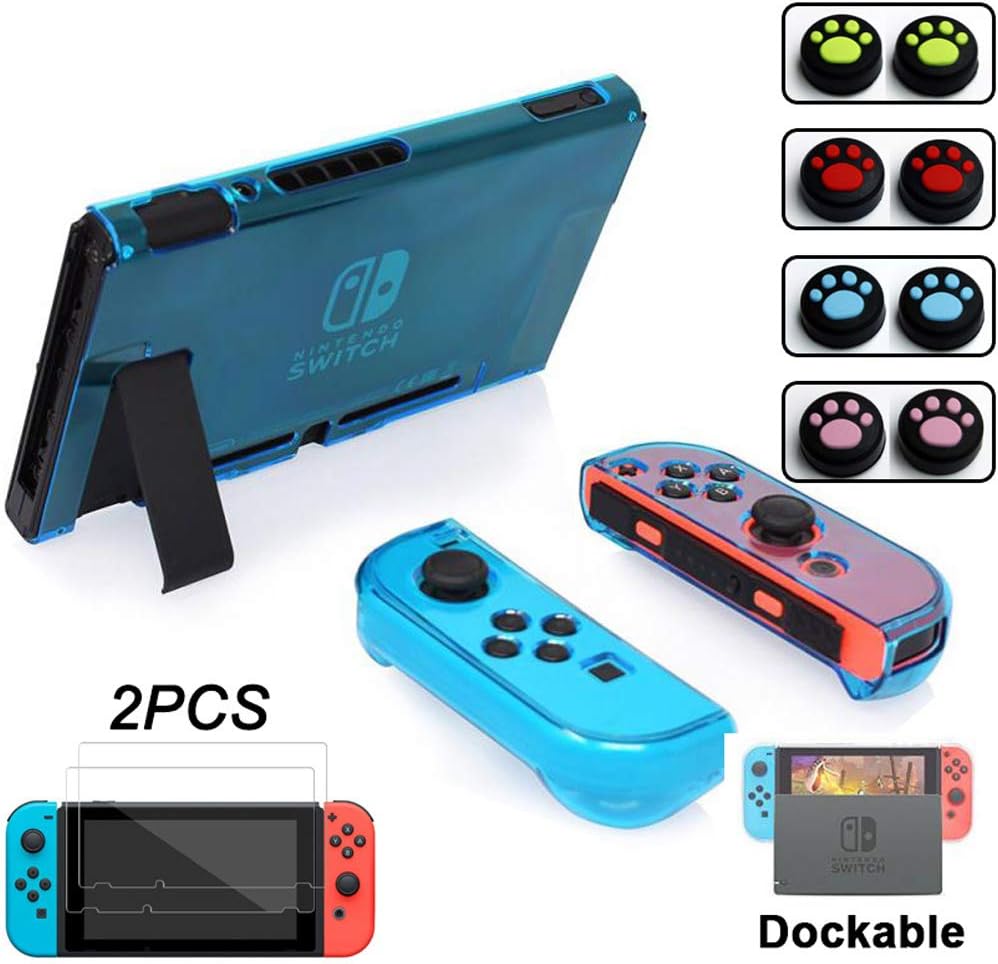 Dockable Crystal Cover Case for Nintendo Switch,NS Switch Protective Case Clear Anti-Scratch Tempered Glass Screen Protector (Clear-Blue)