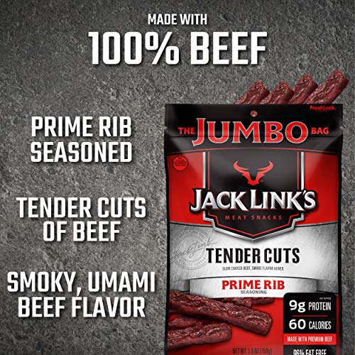 Jack Link's Prime Rib Tender Cuts, Original, 5.6 oz. Sharing Size Bag - Beef Snack with 9g of Protein and 60 Calories, Made with 100% Beef, 96% Fat Free