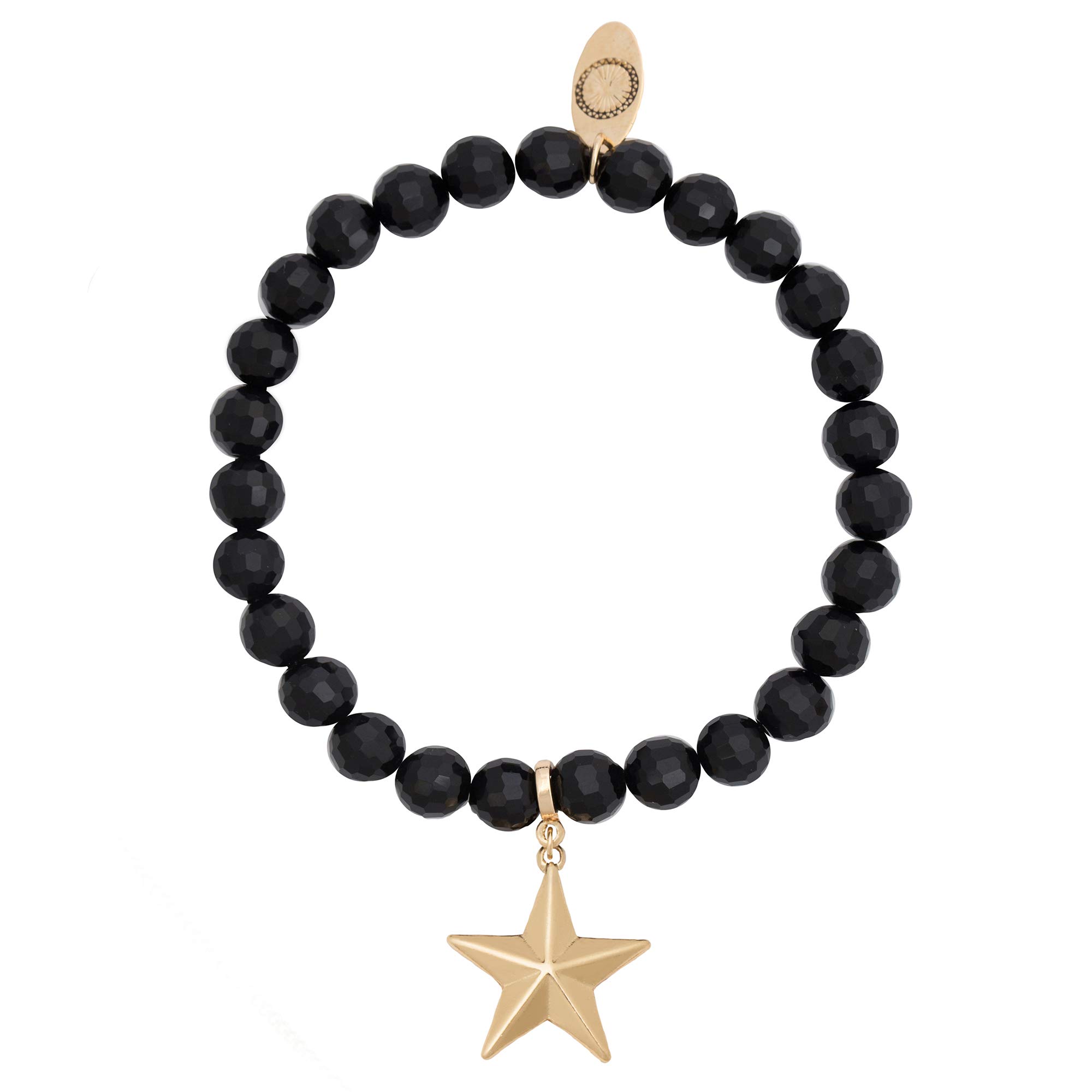 Bevelled Star Charm Bead Bracelet Black 18ct Gold Plated. Crystal Effect Black Glass Elasticated Bracelet Comfortable Celestial Good Luck Feminine Bracelet for Women 7.5cm diamter