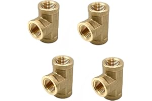 BUMUGUFU 4 Pcs 1/4" NPT Tee Brass Pipe Fittings, 1/4" x1/4" x1/4" Female NPT 3 Way T-Connector for Air, Propane, Oil and Natural Gas
