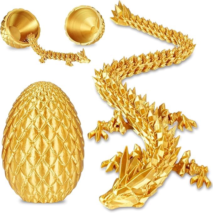 12" 3D Printed Dragon Egg with Articulated Crystal Dragon, Rainbow Fidget Toy, Flexible Joints, Stress Relief Desk Decor, Fantasy Theme, PLA Plastic, for Kids, Teens, Adults (Silk gold)